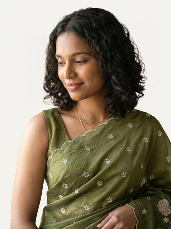 Organza Olive Green Floral Butti Designer Saree with Scalloped Embroidered Border