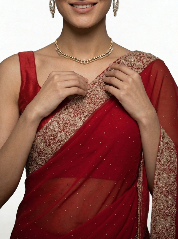 Georgette Classic Red Zari Embellished Designer Saree