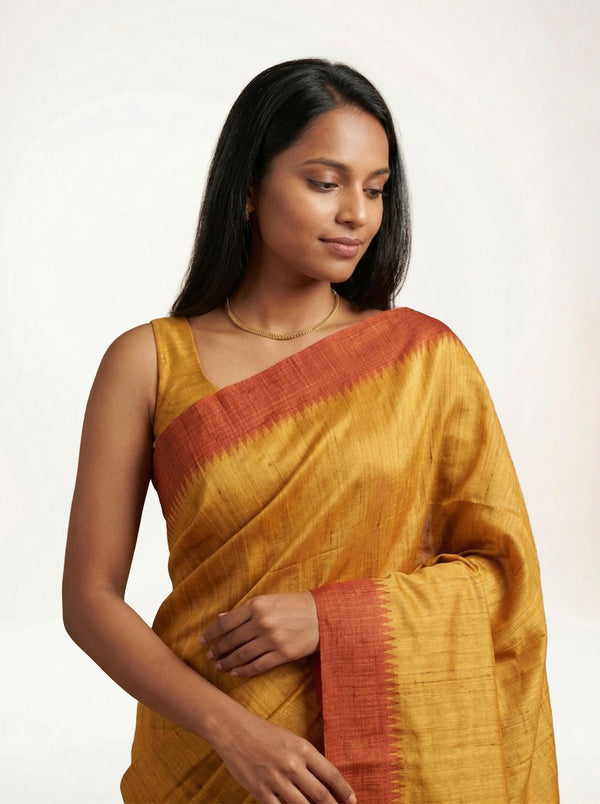 Semi Jute Mustard Elephant Motif Saree