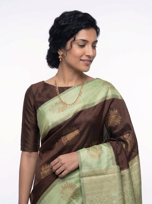 Art Silk Brown and Sage Green Zari Woven Saree with Floral Butta