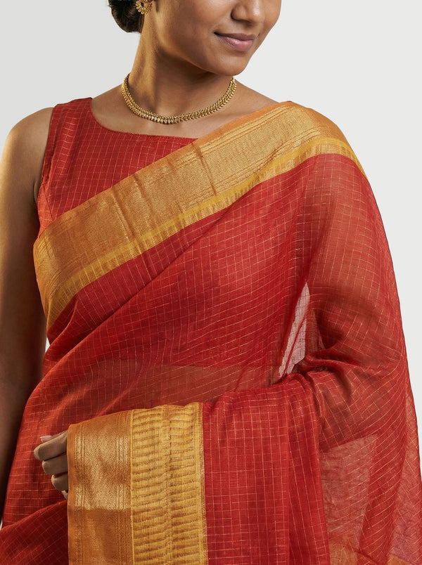 Chanderi Cotton Red Checked Saree With Zari Border