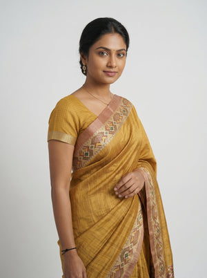 Semi Jute Mustard Yellow Ikat Border Saree