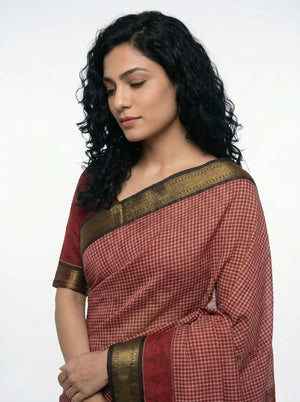 Cotton Red Checked Pattern Saree with Traditional Border