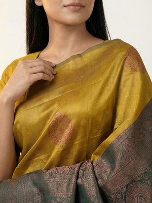 Semi Silk Mustard Yellow Saree with Spread Self Diamond and Floral Design