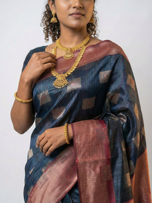 Chanderi Silk Premium Peacock Blue Saree with Geometric Square Motifs
