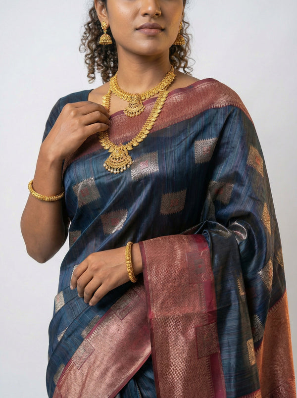 Chanderi Silk Premium Peacock Blue Saree with Geometric Square Motifs