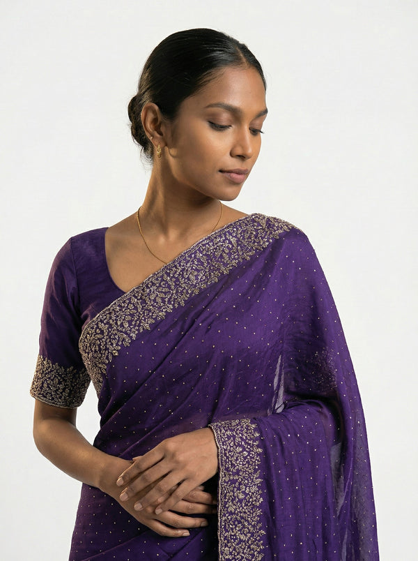 Vijithra Silk Violet Embroidered Saree with Intricate Floral Border