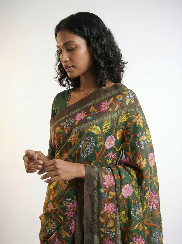 Cotton Green Multicolor Floral Design Saree with Rich Border
