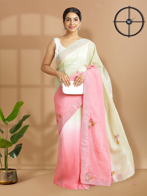 Peach And Pista Green Double Shade Floral Painted With Metalic Glue Designed Georgette Saree