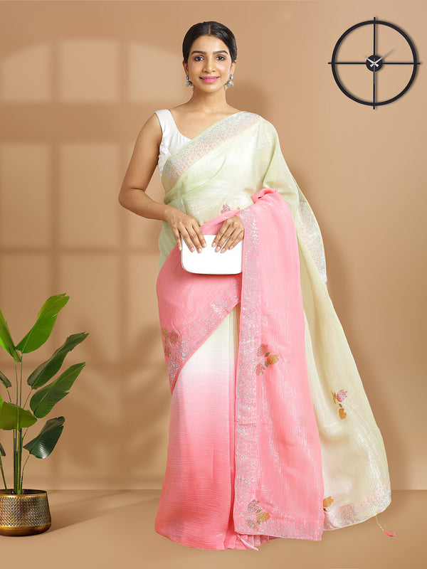 Peach And Pista Green Double Shade Floral Painted With Metalic Glue Designed Georgette Saree