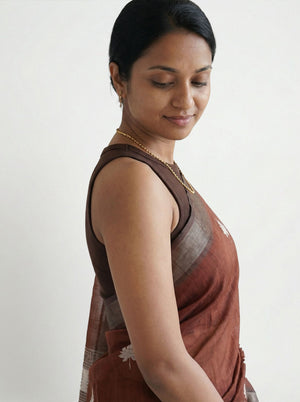 Chanderi Cotton Brown Floral Printed Pattern Saree