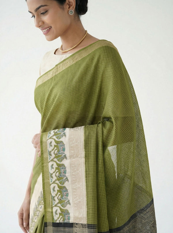Chanderi Cotton Olive Green And Beige Printed Saree