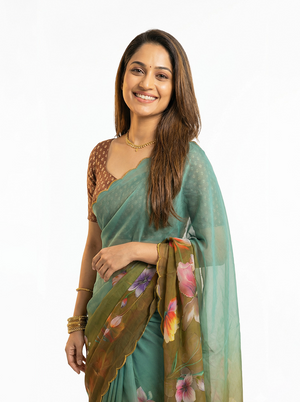 Chiffon Teal Brown Ombre Floral Printed Designer Saree