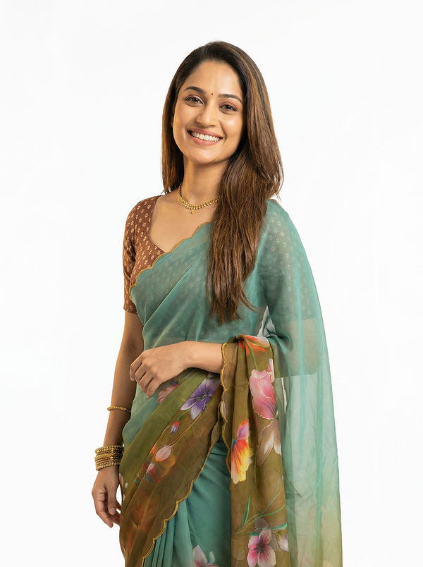 Chiffon Teal Brown Ombre Floral Printed Designer Saree