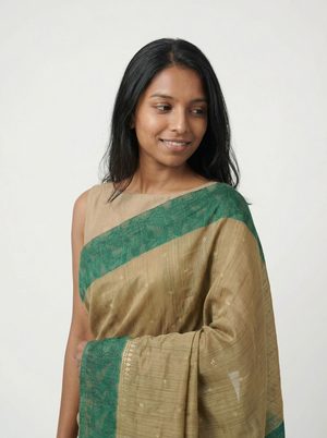 Chanderi Cotton Olive Green Border Saree