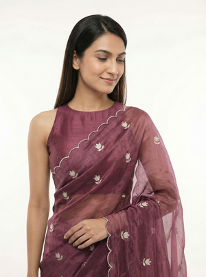 Organza Purple Floral Butti Designer Saree with Scalloped  Border