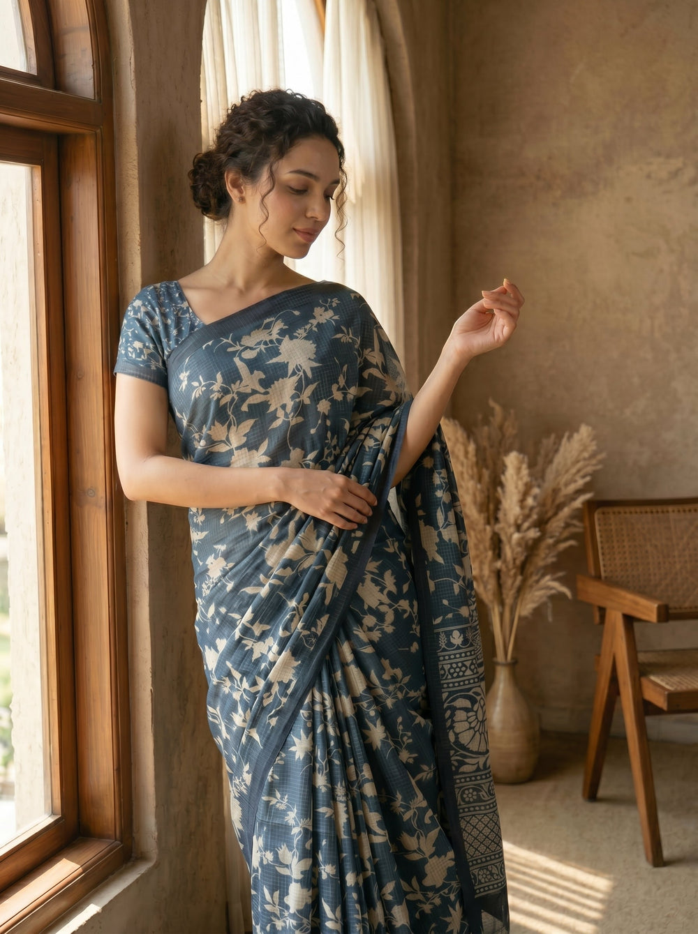 Woman wearing a blue saree with a floral pattern in a room with a window and decorative elements.