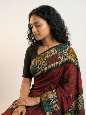 Cotton Maroon Printed Saree with Traditional Batik and Designer Border