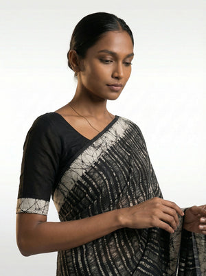 Cotton Black Modern Abstract Stripe Saree for Women