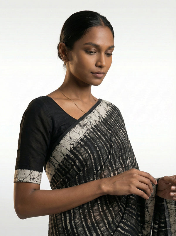 Cotton Black Modern Abstract Stripe Saree for Women