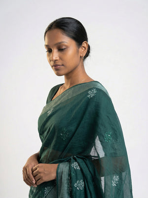 Chanderi Cotton Dark Green Saree with Zari Border and Floral Butti Work