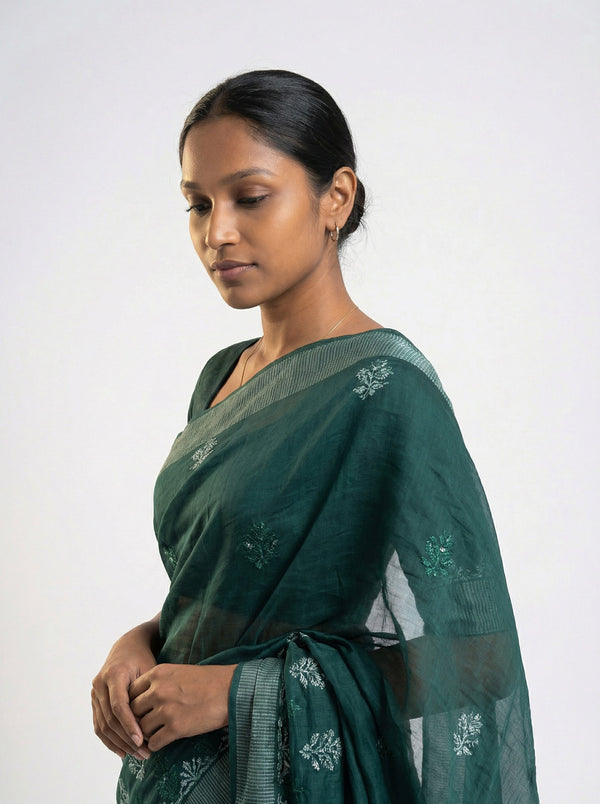 Chanderi Cotton Dark Green Saree with Zari Border and Floral Butti Work