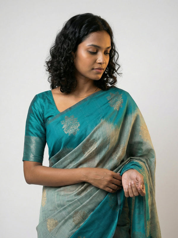 Art Silk Dual Tone Grey Teal Traditional Saree with Woven Motifs