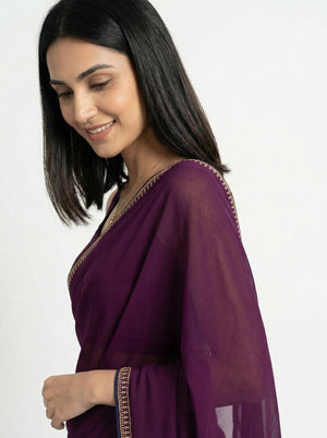 Organza Dark Wine Plain Saree with Minimal Adorned Border