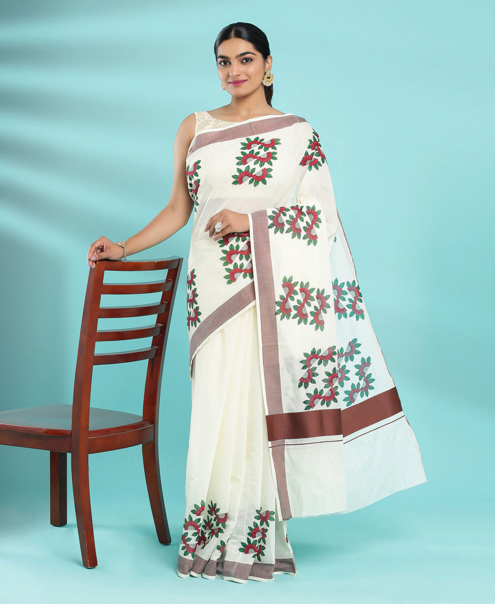 Cotton Brown Border Printed Set Saree