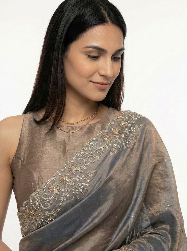 Organza Ash Grey Stone Scalloped  Designer Saree