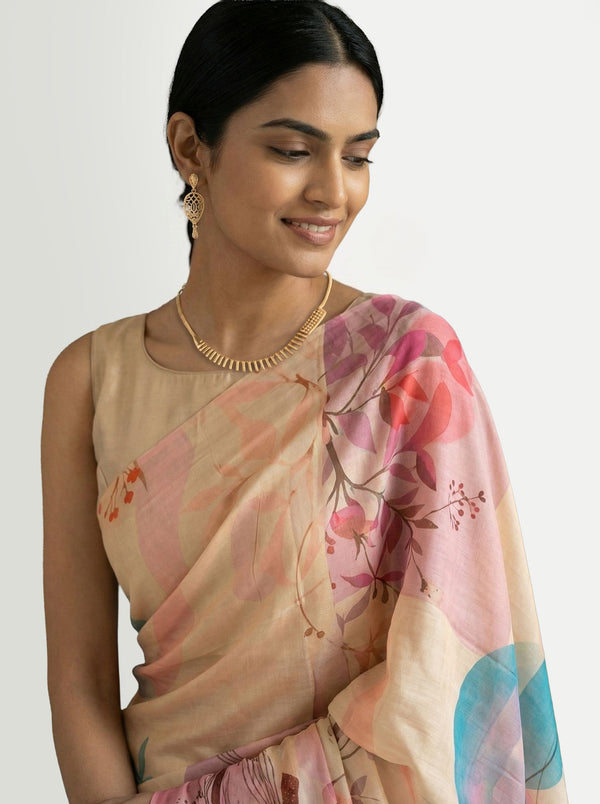 Chanderi Cotton Cream Abstract Floral Saree
