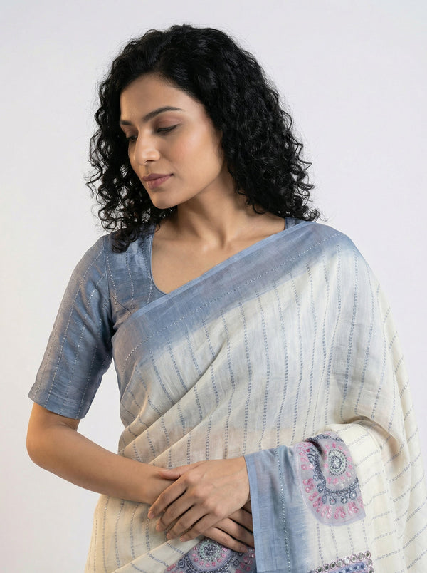 Cotton Off White Stripe Printed Saree with Blue Border Design