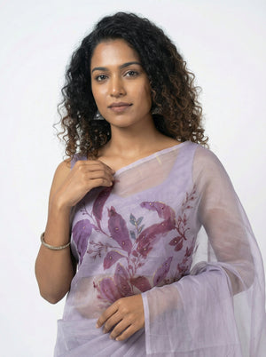 Organza Fancy Stylish Lavender Saree with Contemporary Brush Stroke Blouse