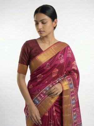 Chanderi Cotton Maroon Saree with Tribal Printed Pattern and Zari Border