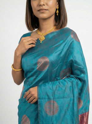 Semi Silk Peacock Blue Saree with Upper Paisley Butta Design and Wine Blouse