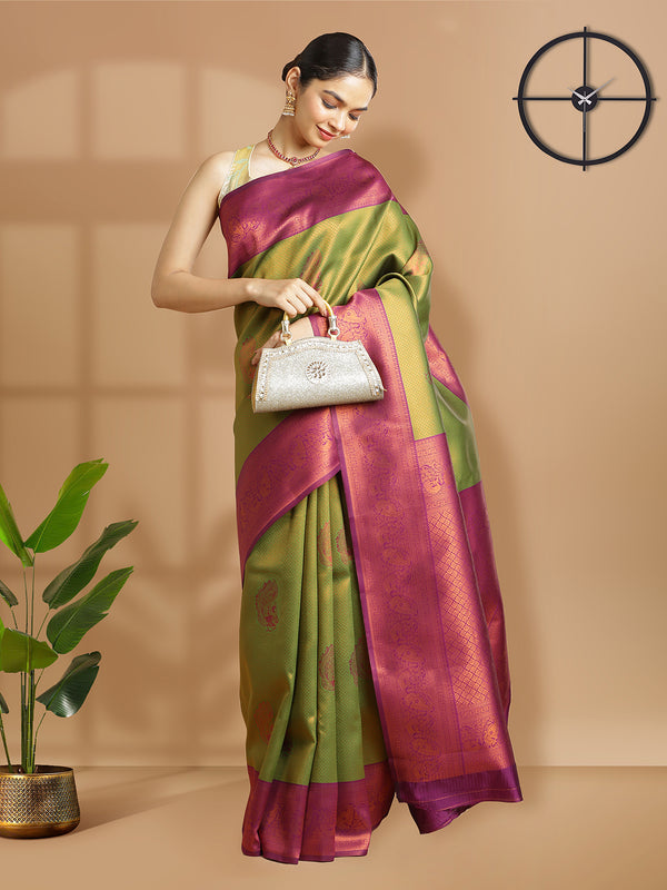Parrot Green Art Silk Saree With Copper Thread Work Over Body And Purple Border