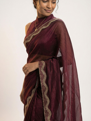 Organza Wine Maroon Stone Work  Border Designer Saree