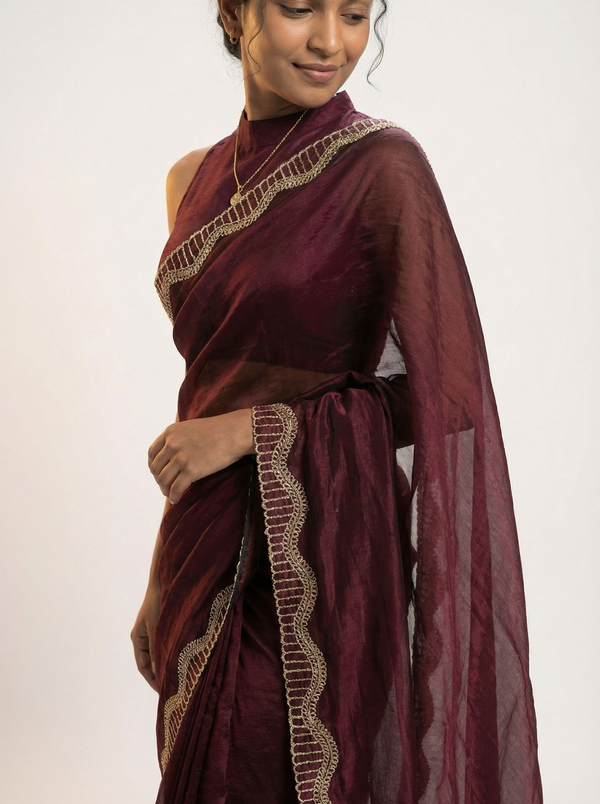 Organza Wine Maroon Stone Work  Border Designer Saree