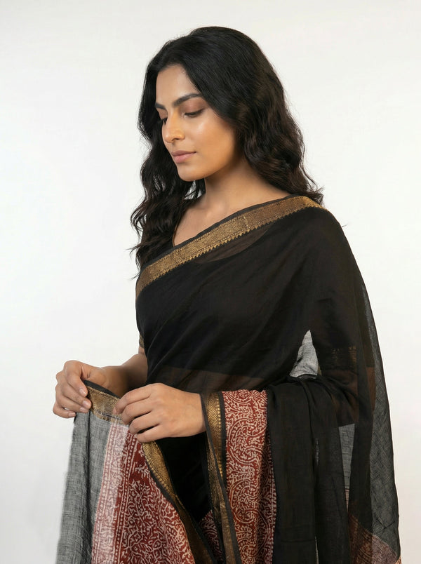 Cotton Black Saree with Printed Rich Contrast Border