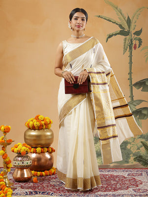 Off White Color Cotton Set Saree With Golden And Coffee Brown Thread Worked Buttas