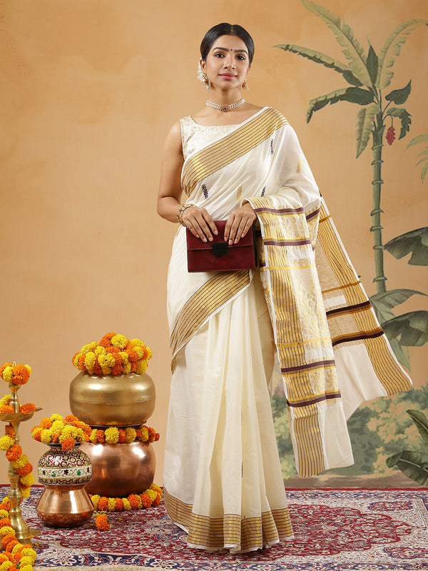 Off White Color Cotton Set Saree With Golden And Coffee Brown Thread Worked Buttas