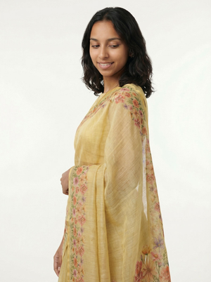 Chanderi Cotton Mustard Floral Border Saree