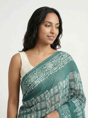 Chanderi Cotton Teal White Handblock Print Saree