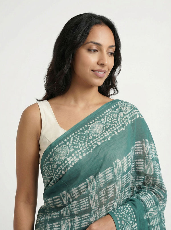 Chanderi Cotton Teal White Handblock Print Saree