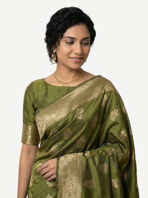 Art Silk Olive Green Zari Woven Saree with Floral Butta