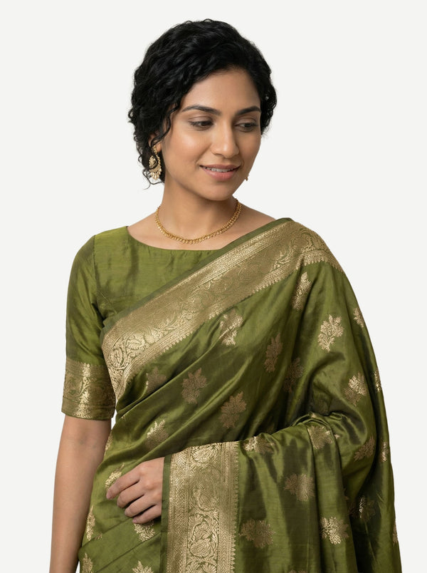 Art Silk Olive Green Zari Woven Saree with Floral Butta