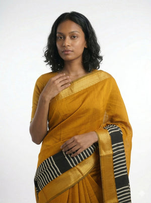 Cotton Mustard Saree with Contrast Stripe Pattern Border