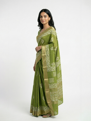 Chanderi Cotton Green Block Printed Saree