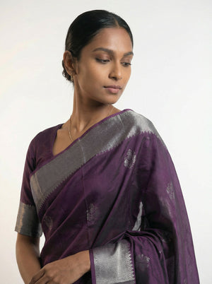 Art Silk Deep Violet Saree with Subtle Zari Buttas and Silver Border