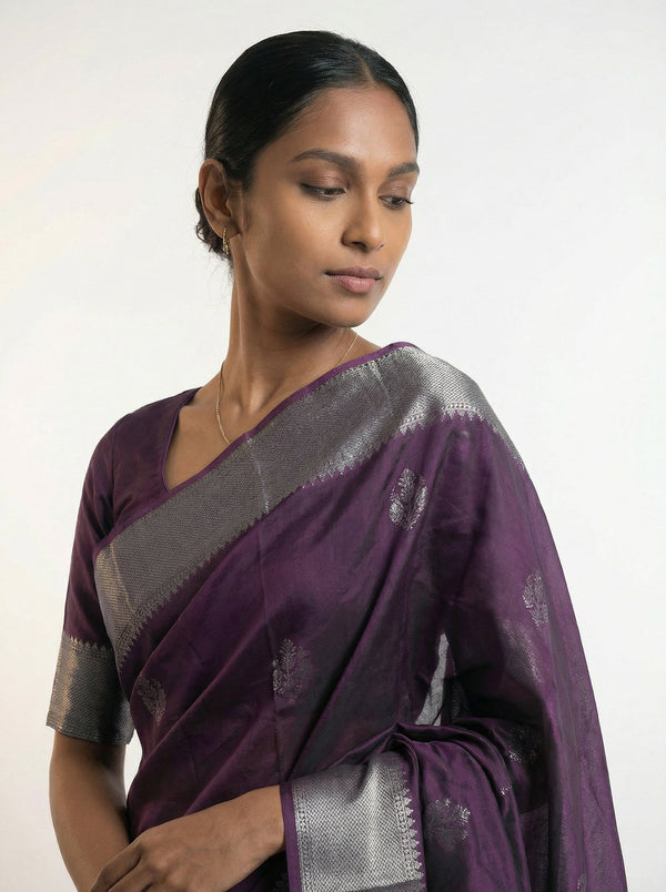 Art Silk Deep Violet Saree with Subtle Zari Buttas and Silver Border